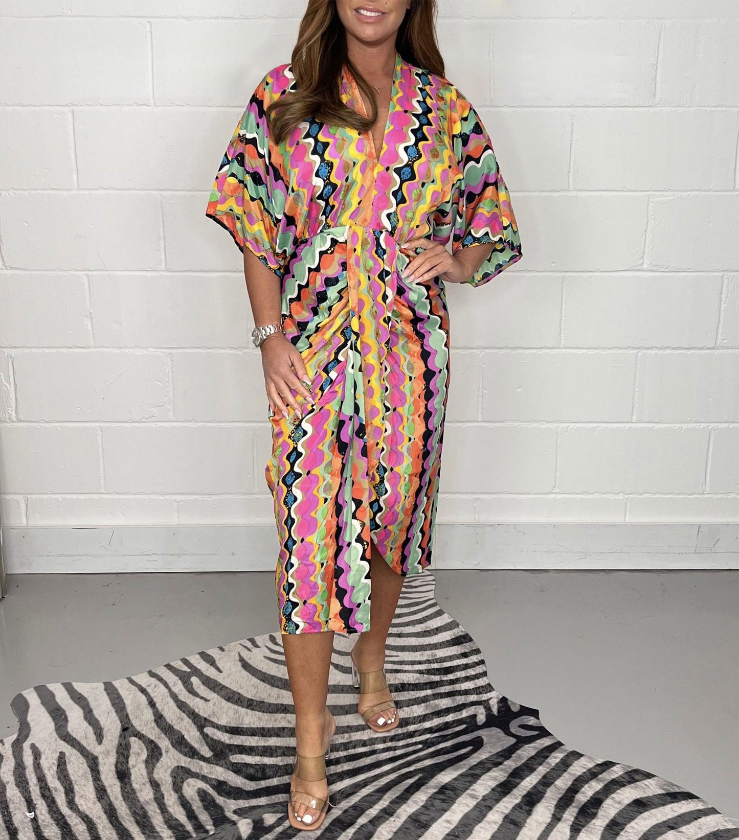 Printed  Kimono Midi Dress V-neck Irregular Dress