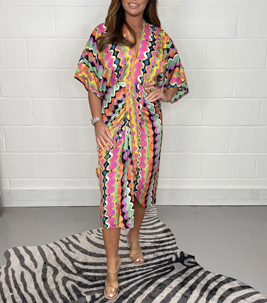 Printed  Kimono Midi Dress V-neck Irregular Dress