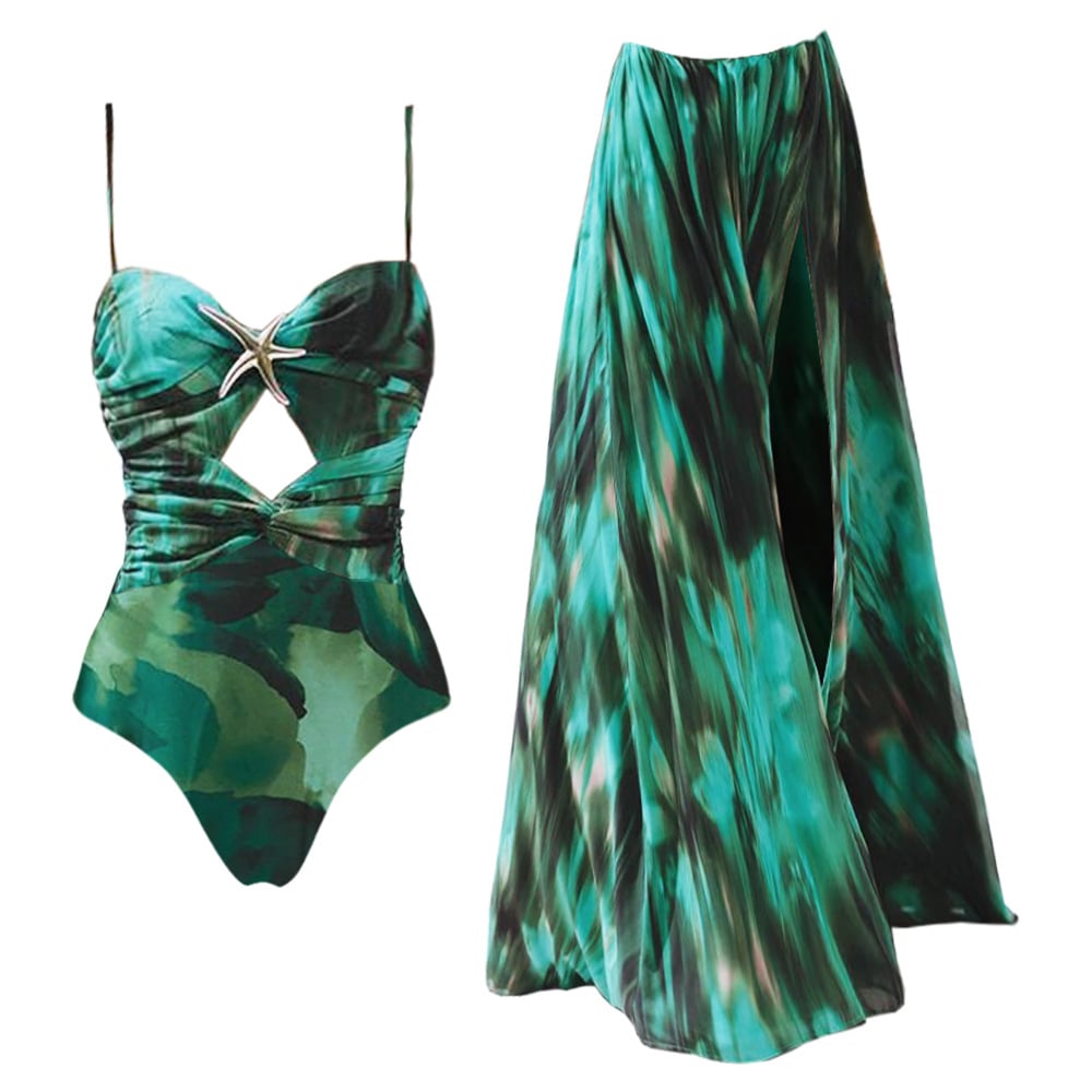 Vibecurve® Starfish Decoration Print Hollow-out Flared Skirt Swimsuit Set