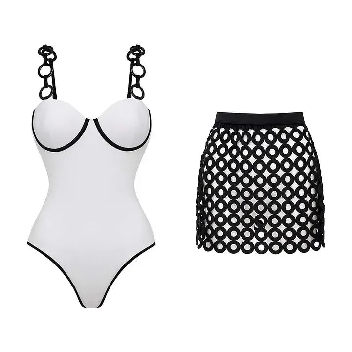 Vibecurve® Women's Ring Strap Push Up onePiece Swimsuit and Matching Skirt Set BathingSuit Outdoorfun