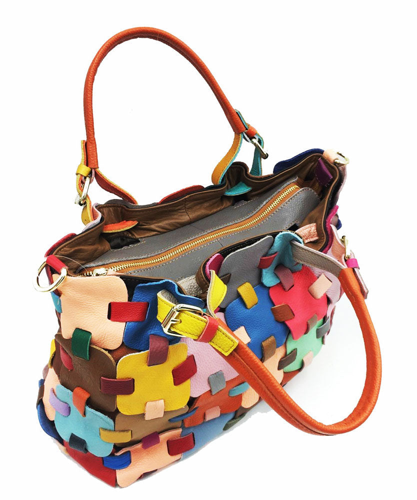 Beautiful Multicolour Patchwork Zippered Calf Leather Tote BAG