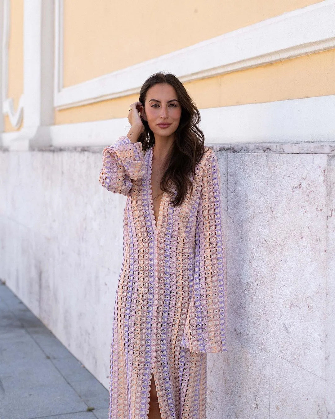 Vibecurve® Women’s Striped Maxi Dress Long Knit Beach Dresses Loose Fit Sexy Summer Contrast Color Side Slit Hollow Out Sundress